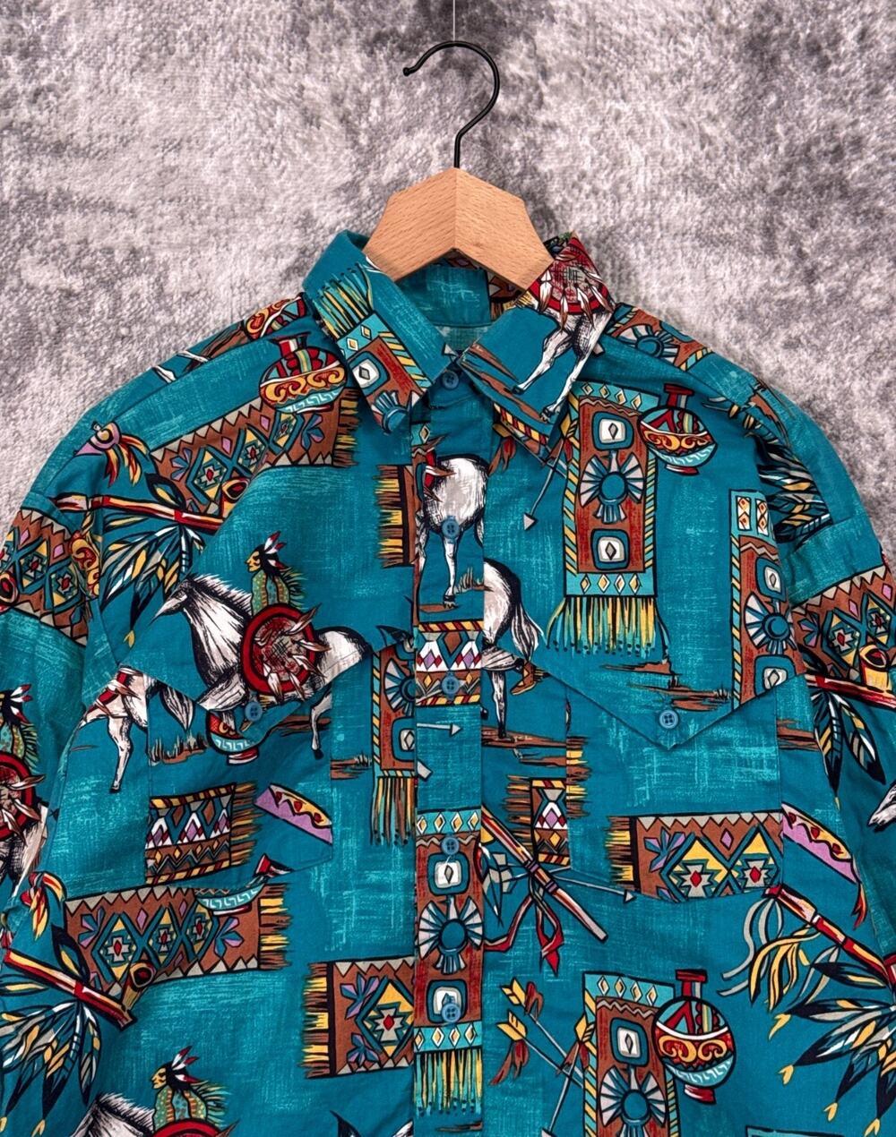 Vintage Panhandle Slim Western Shirt Small Mens Teal Native American Tribe
